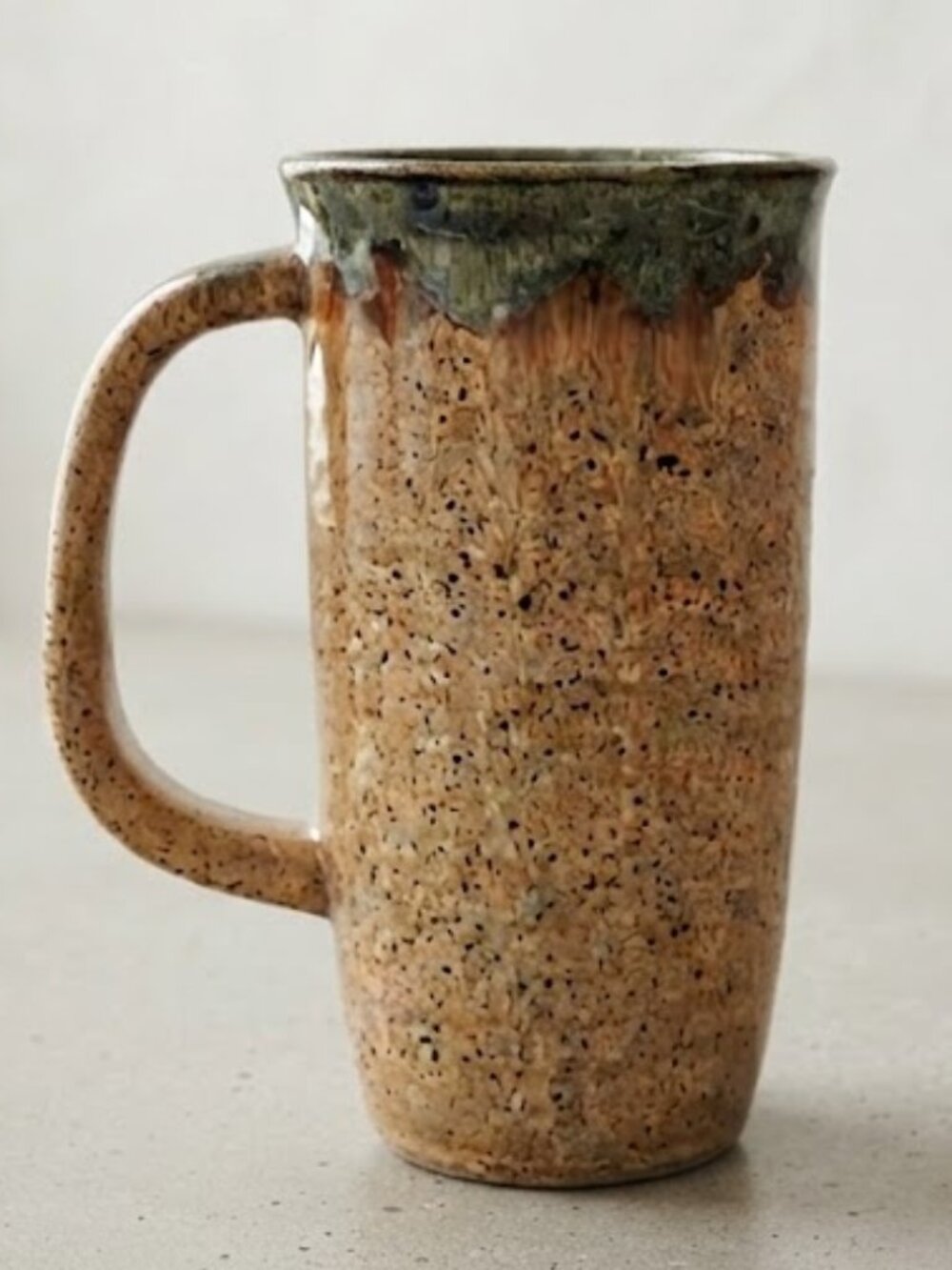 Signed Studio Pottery Tall Mug Caramel Speckled Drip Glaze Handmade 5.75 Inch HT